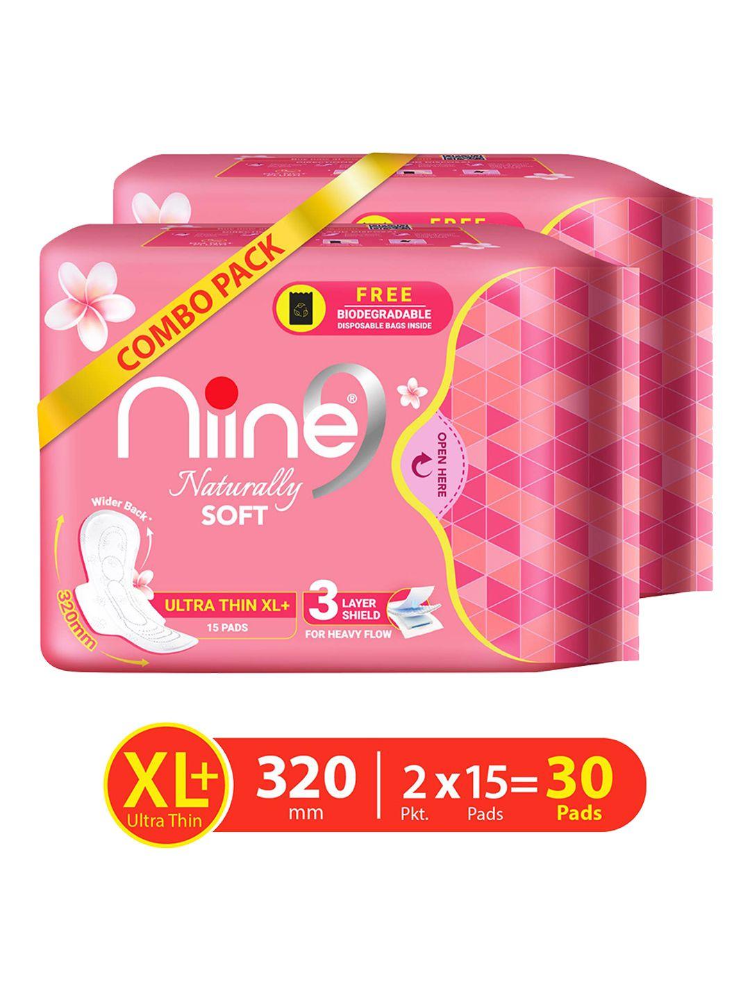 niine set of 2 naturally soft ultra thin xl+ sanitary napkins for heavy flow- 15 pads each
