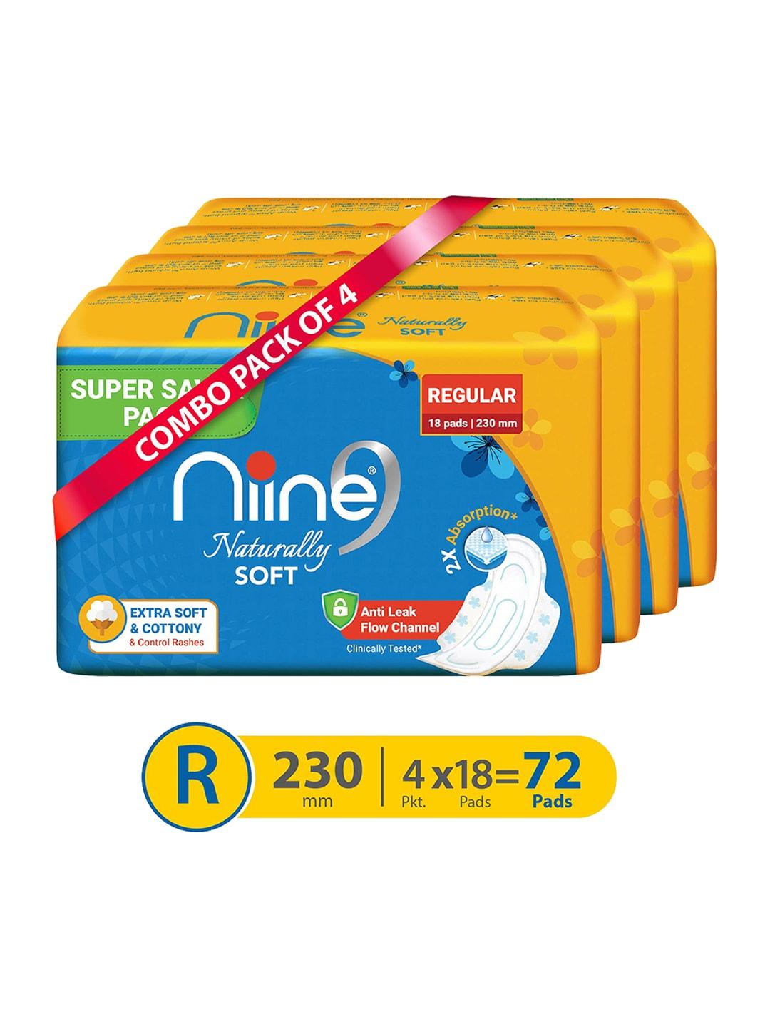 niine set of 4 naturally soft super saver pack regular 230mm sanitary pads - 18 pads each