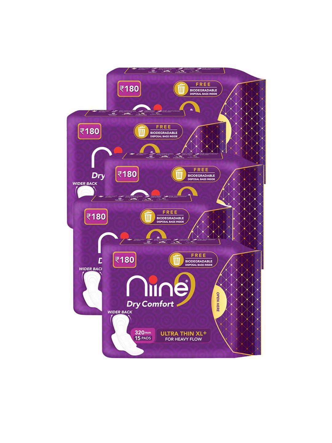 niine set of 5 dry comfort ultra thin xl sanitary pads for heavy flow - 15 pads per pack