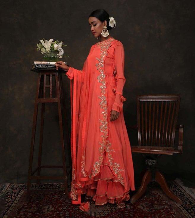 nikasha coral crepe side tie up angarakha with churidar and embroidered dupatta