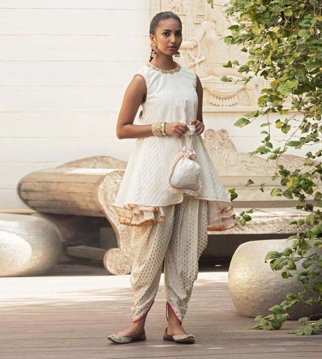 nikasha ivory and gold side godet tunic with dhoti