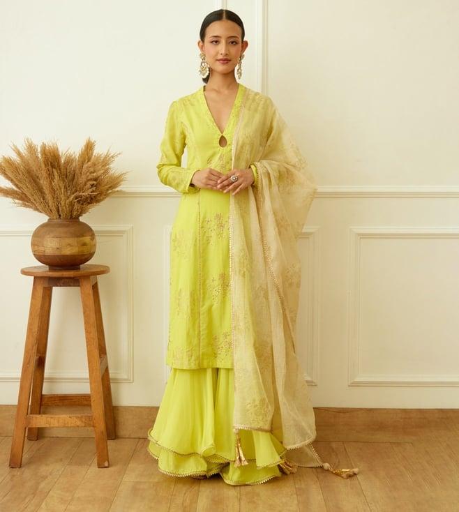 nikasha lime green kohinoor foil embroidered kurta with sharara and dupatta