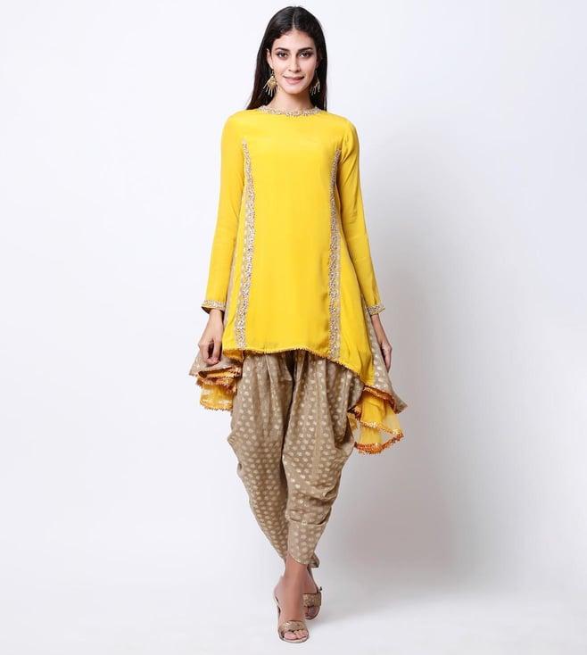 nikasha pitambari yellow & olive indo western set