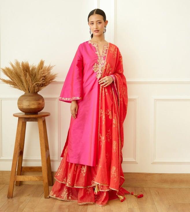 nikasha rani pink kohinoor embroidered kurta with sharara and dupatta