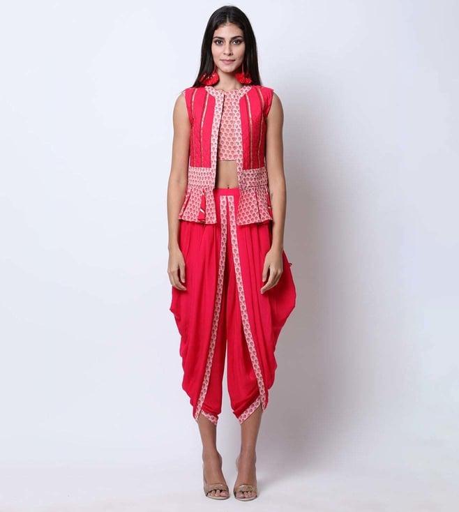 nikasha rose red quilted waistcoat with poppy printed crop top and dhoti