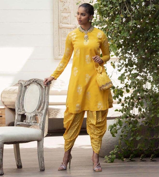 nikasha yellow and gold slit kurta with dhoti