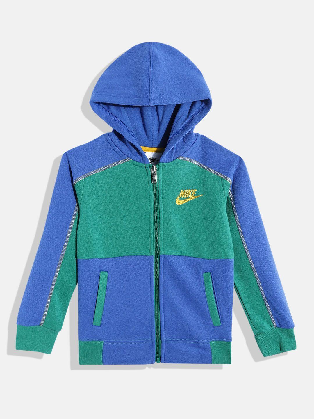 nike boys green & blue colourblocked hooded sweatshirt