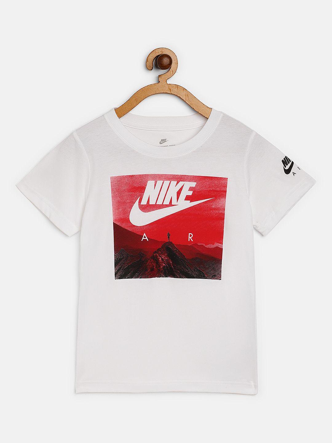nike boys white & red pure cotton brand logo print futura air view round neck t-shirt