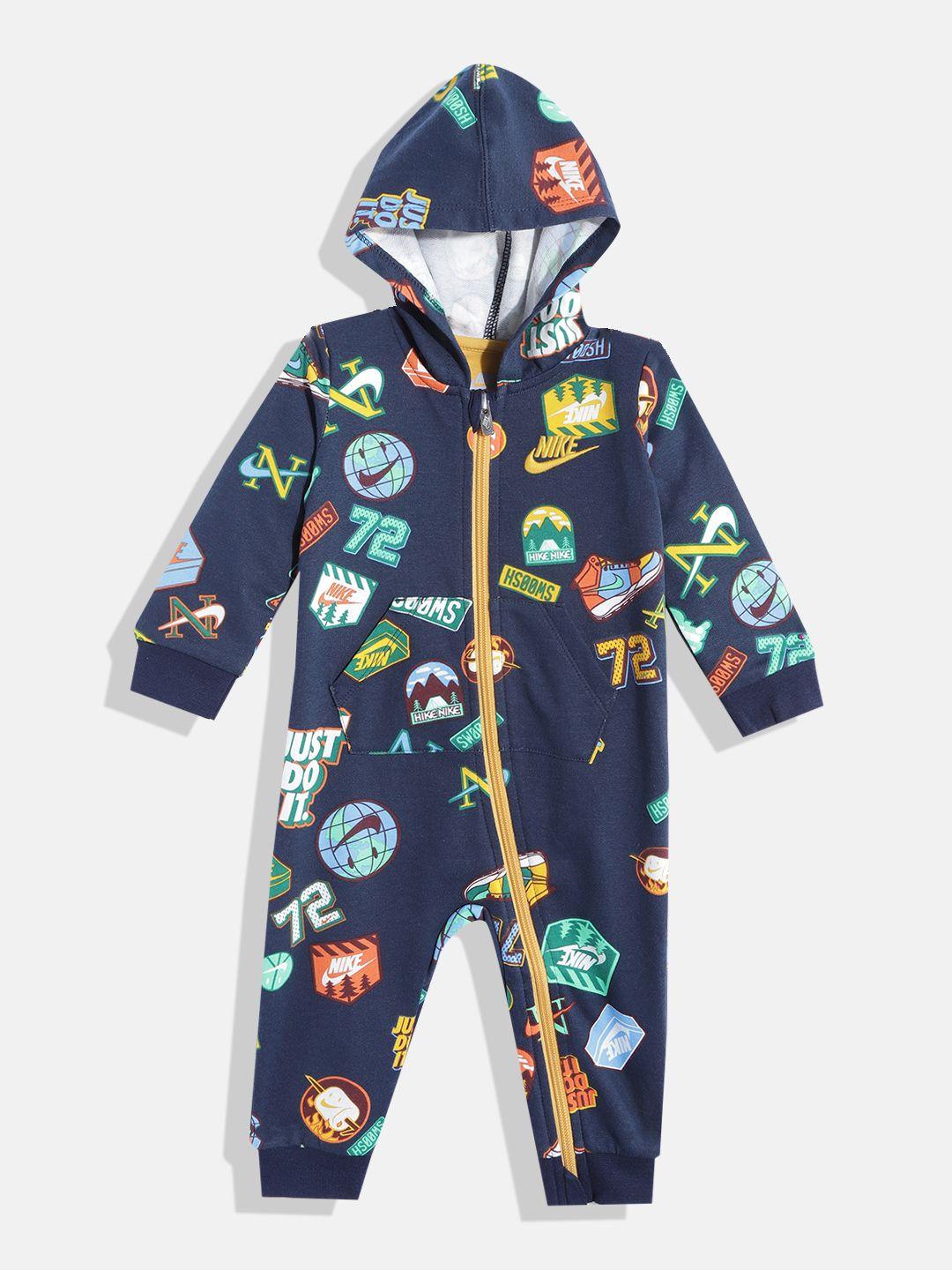 nike infant boys navy blue & yellow printed great outdoors rompers