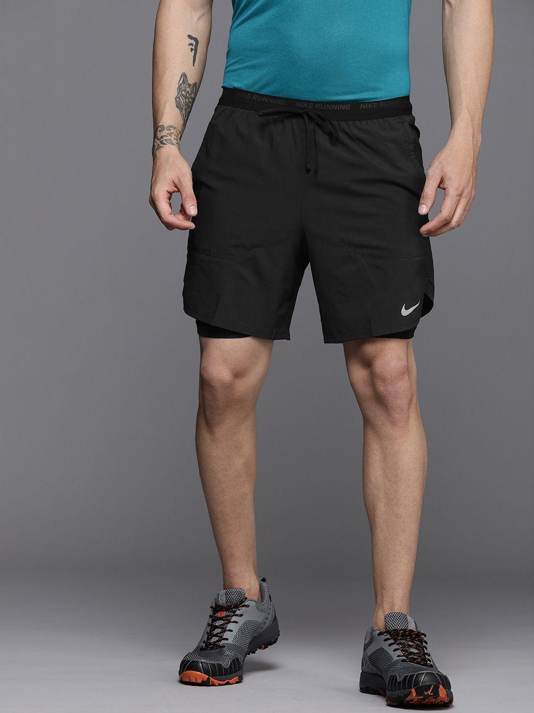 nike men black geometric self design standard fit dri-fit stride 2in1 running shorts