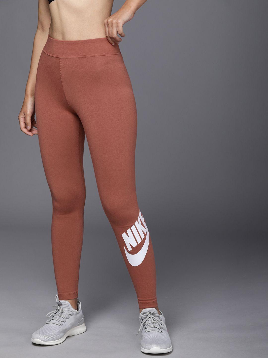 nike women brown logo printed sportswear essential high-waisted tights