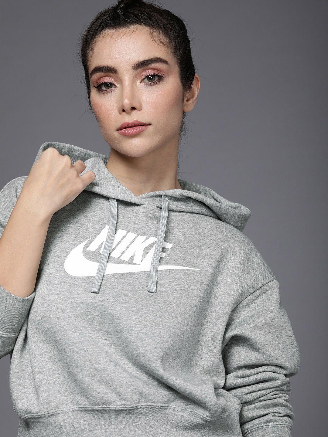 nike women grey melange logo printed sportswear club fleece hooded crop sweatshirt