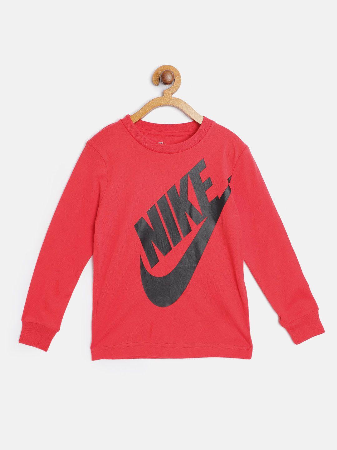 nike boys red  black oversized futura long sleeve logo cotton pure cotton t-shirt