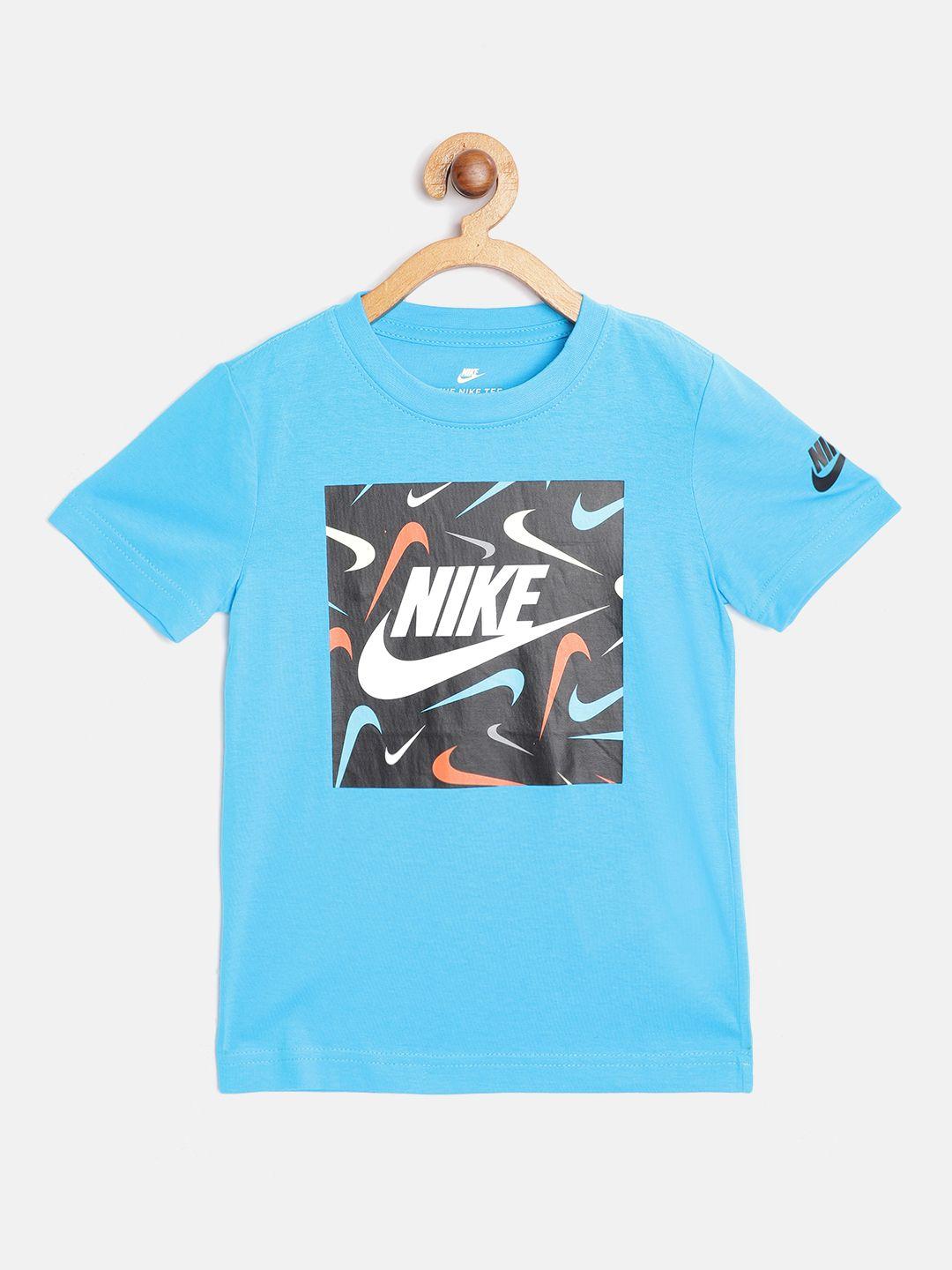 nike boys turquoise blue swooshfetti box logo pure cotton t-shirt