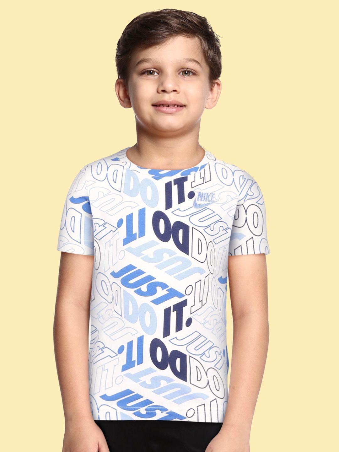 nike boys white & blue brand logo printed t-shirt