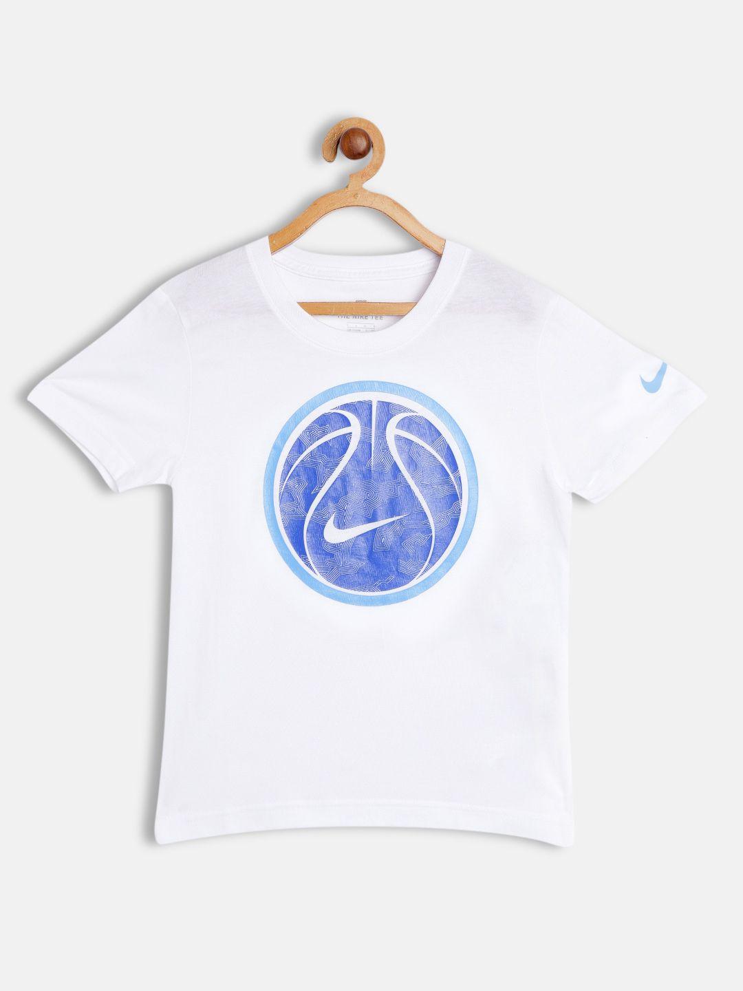 nike boys white & blue pure cotton brand logo printed geometrics bball t-shirt