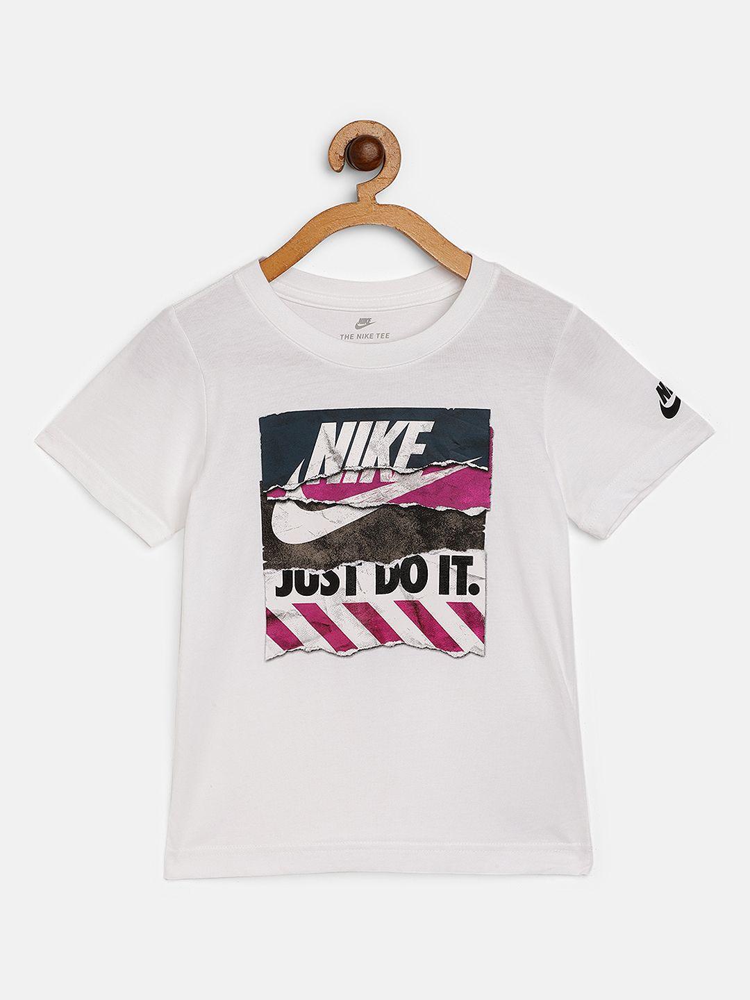 nike boys white  grey  brand logo print shoe box tears round neck pure cotton t-shirt