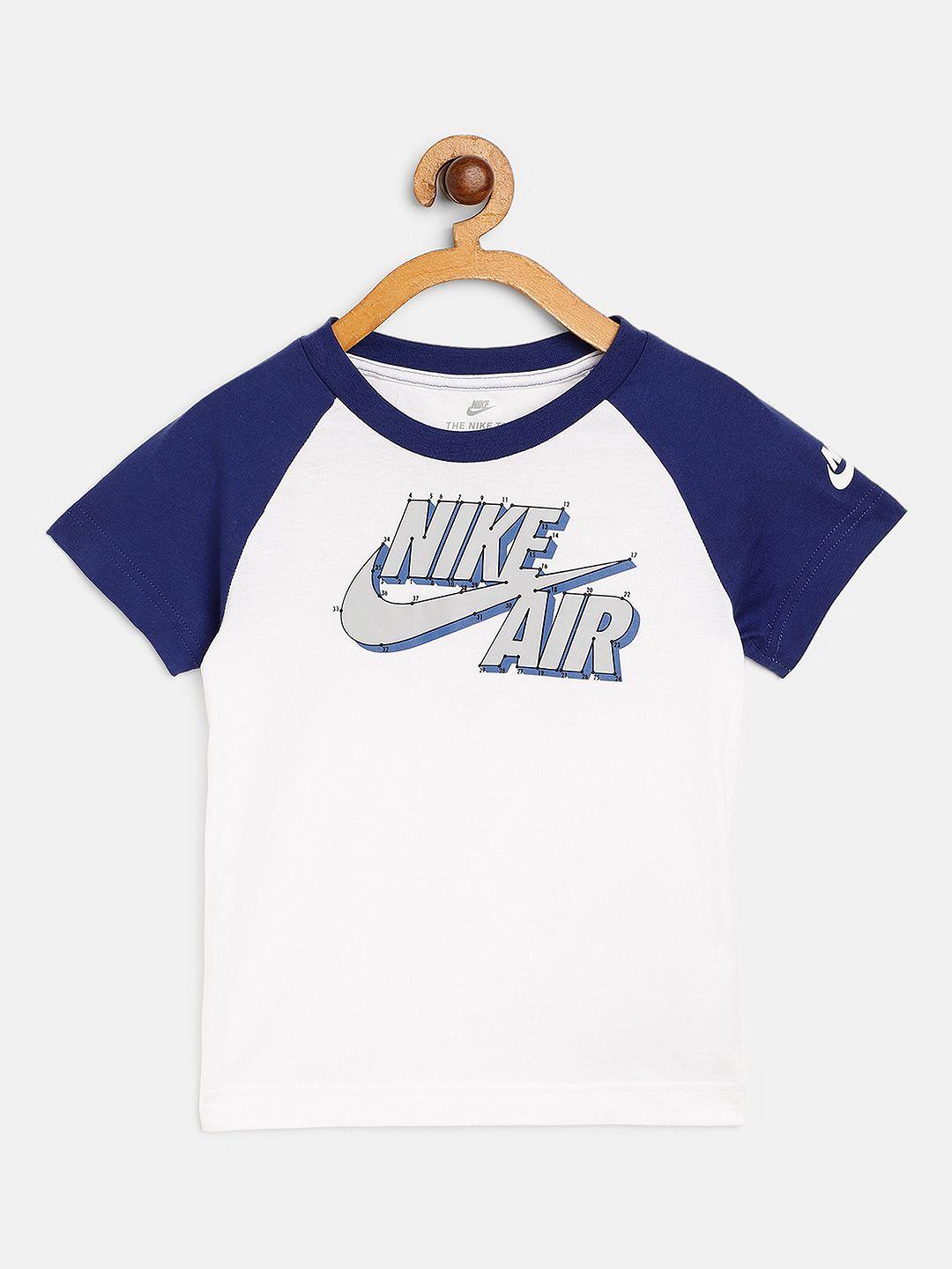 nike boys white  navy blue pure cotton brand logo futura connect dots round neck pure cotton t-shirt