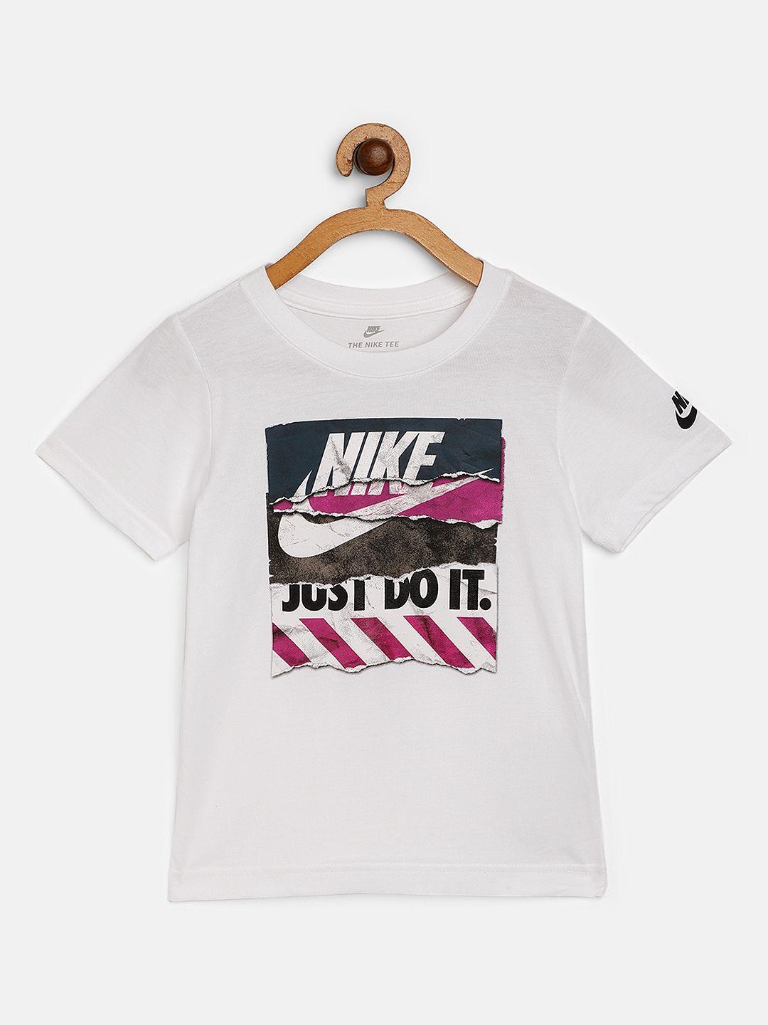 nike boys white pure cotton brand logo print shoe box tears round neck pure cotton t-shirt