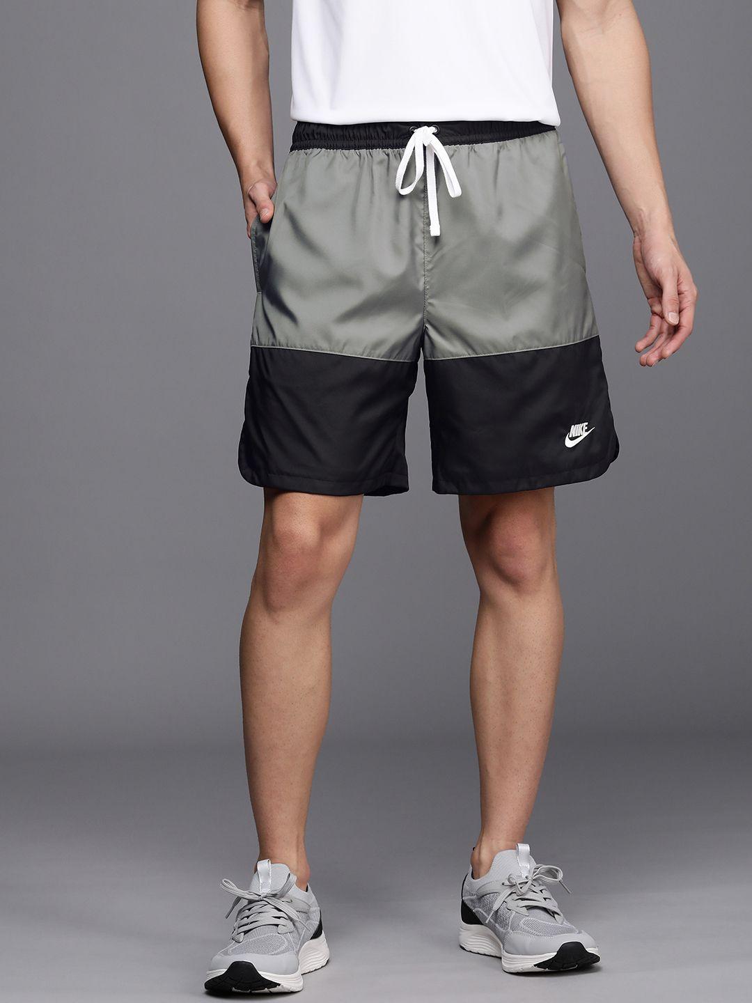 nike men black & grey colourblocked spe wvn flow long sports shorts