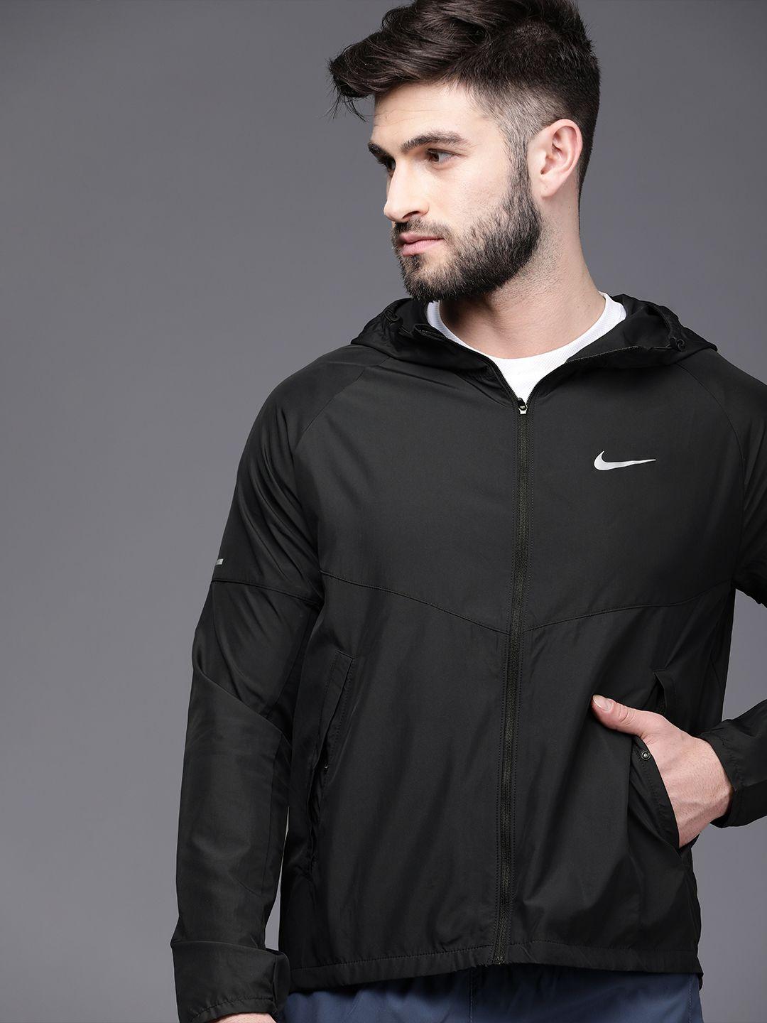 nike men black brand logo running sporty jacket