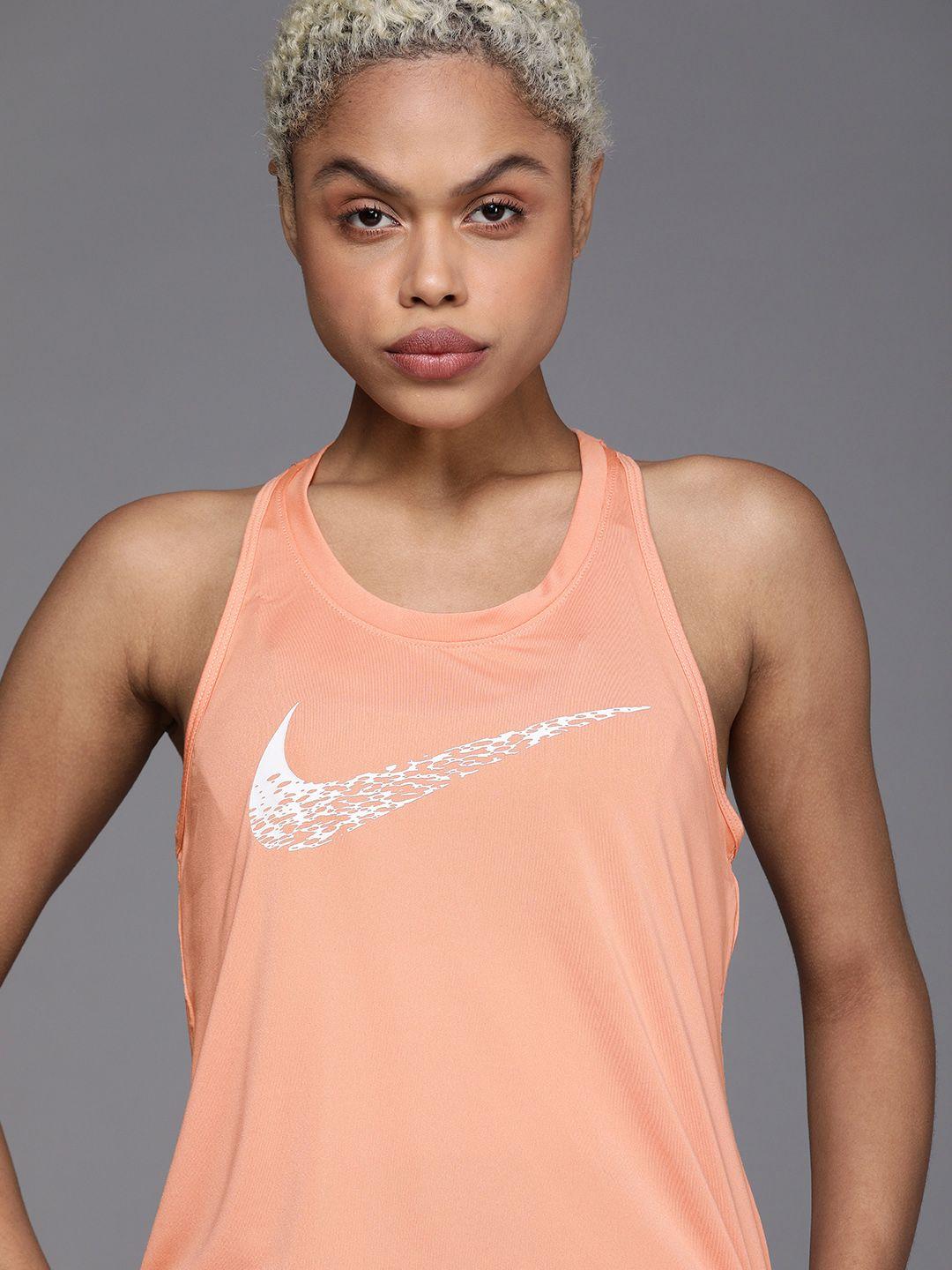 nike orange & white brand logo print applique as w nk swoosh run tank top