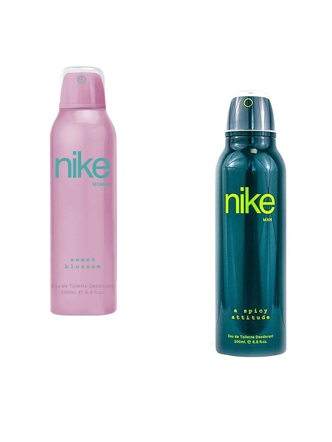 nike set of 2 edt deodorants - woman sweet blossom & man a spicy attitude - 200ml each