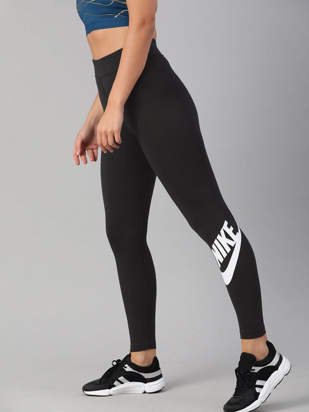nike women black & white brand logo print detail essential high-rise sports tights