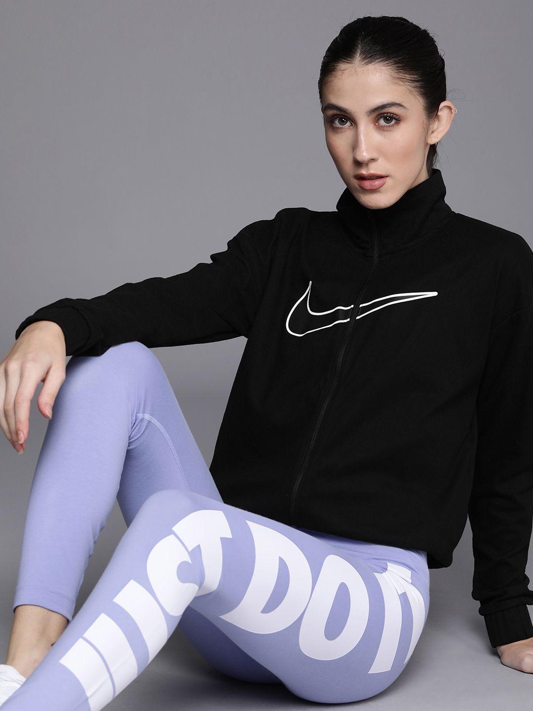 nike women black dry-fit swoosh run brand logo running jacket