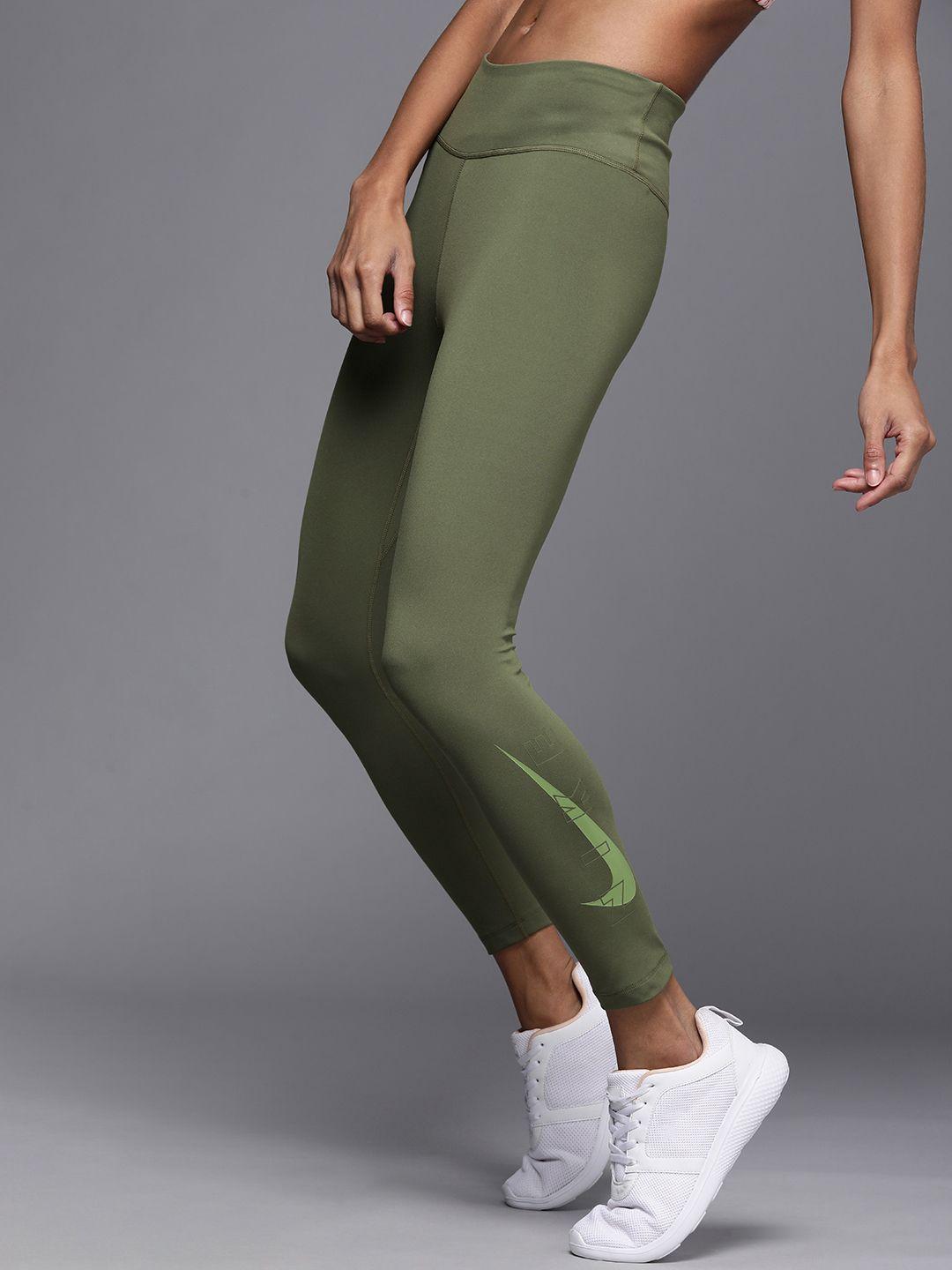 nike women olive brand logo printed dri-fit one mid-rise 7/8 training tights