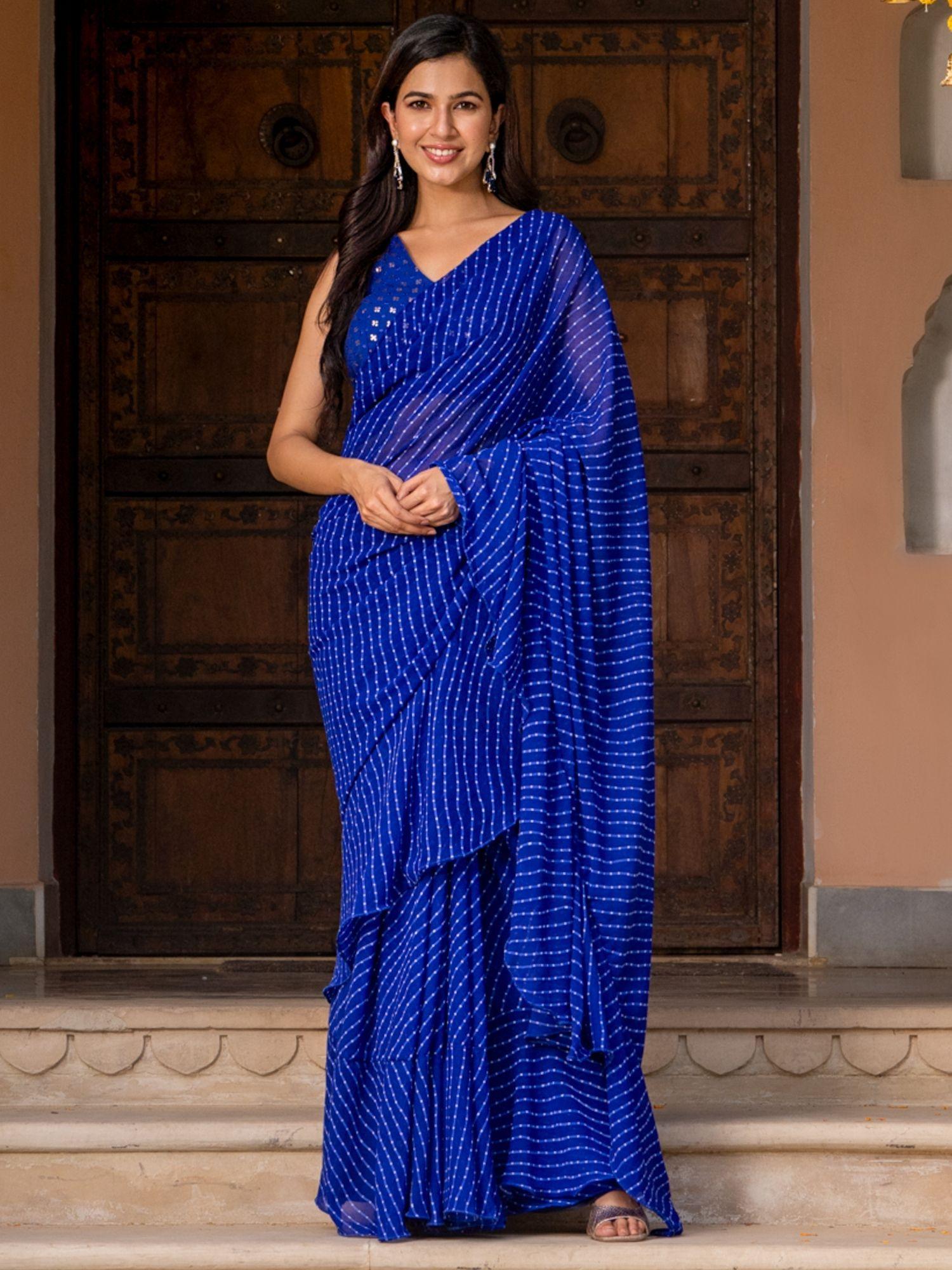 nikhar blue saree with stitched blouse