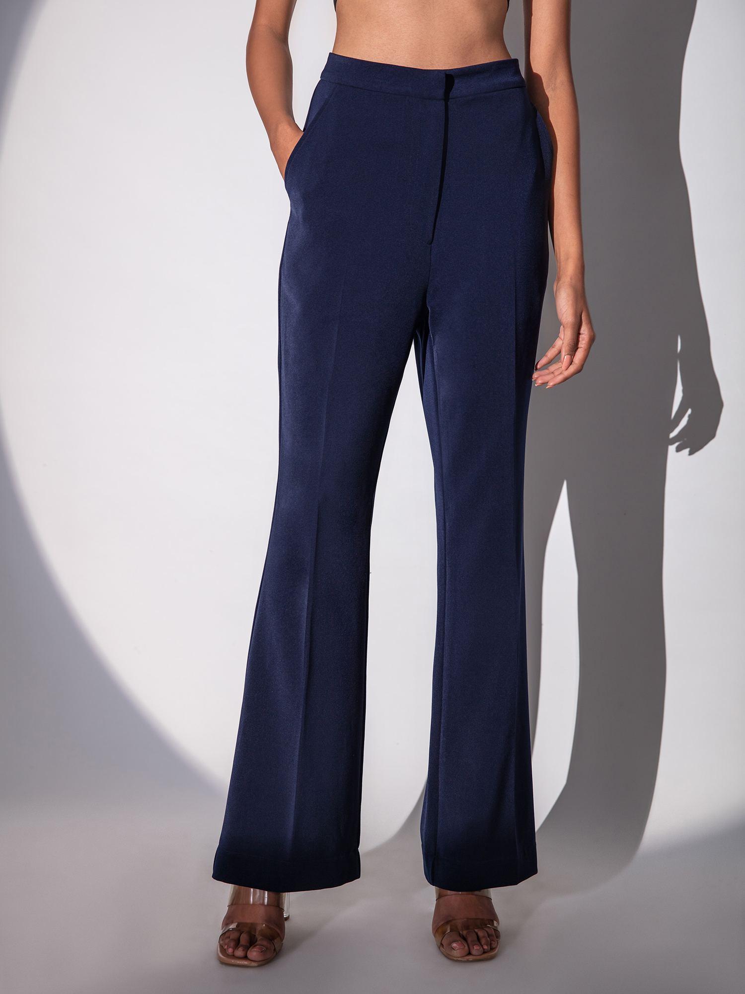 nikhil thampi navy blue solid flared pants