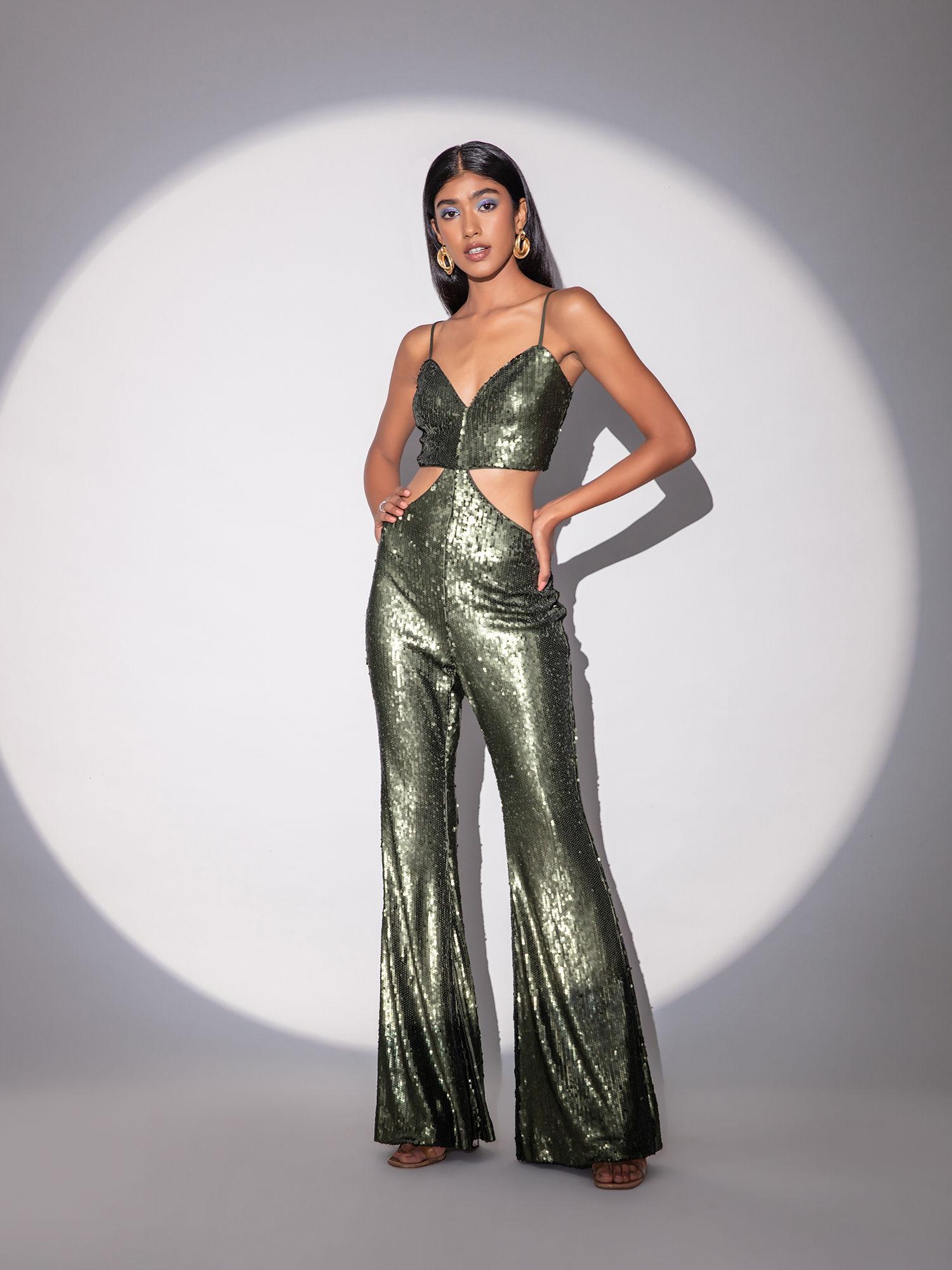 nikhil thampi olive sequined strappy flared jumpsuit