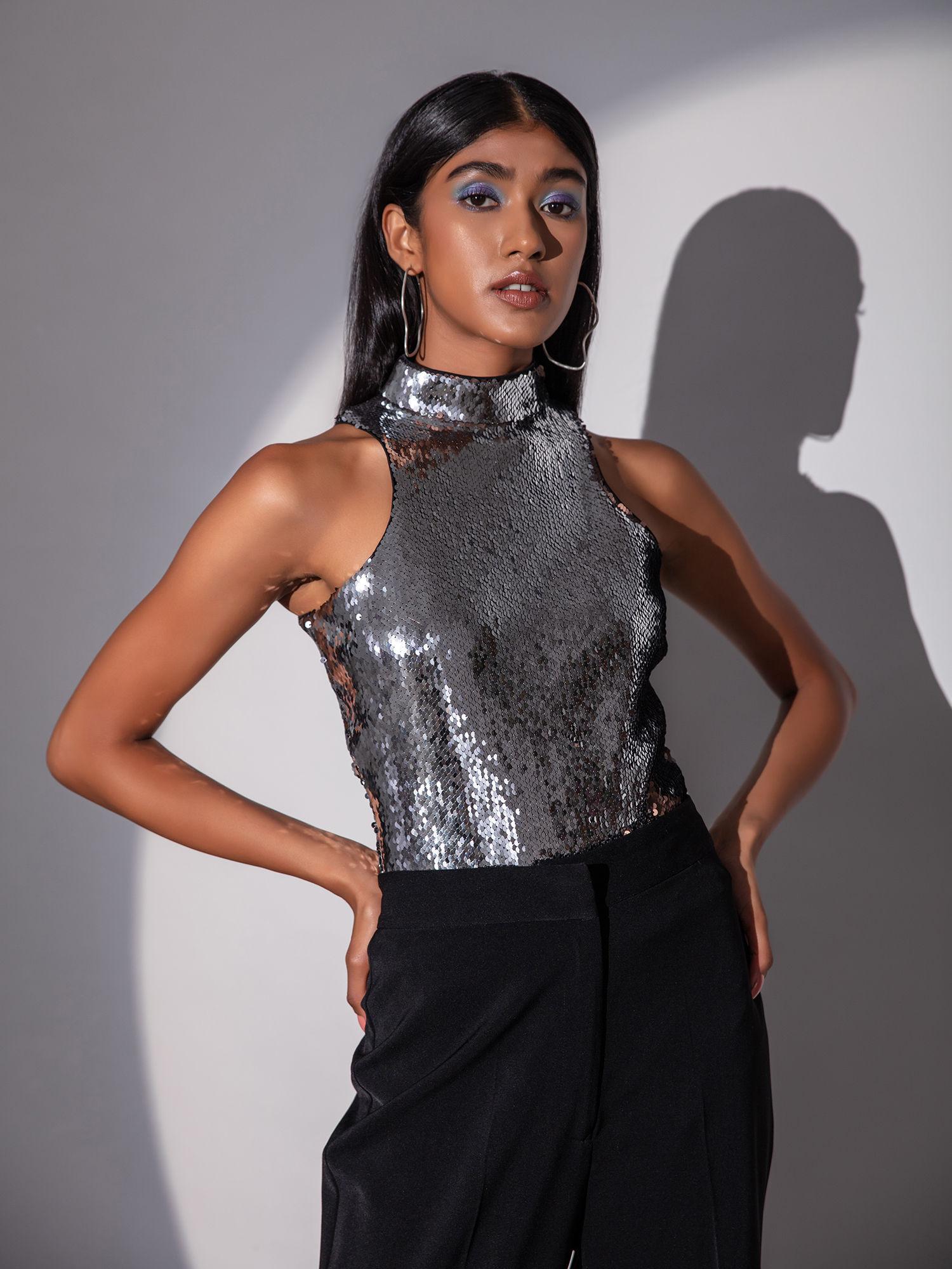 nikhil thampi silver embellished high neck bodysuit