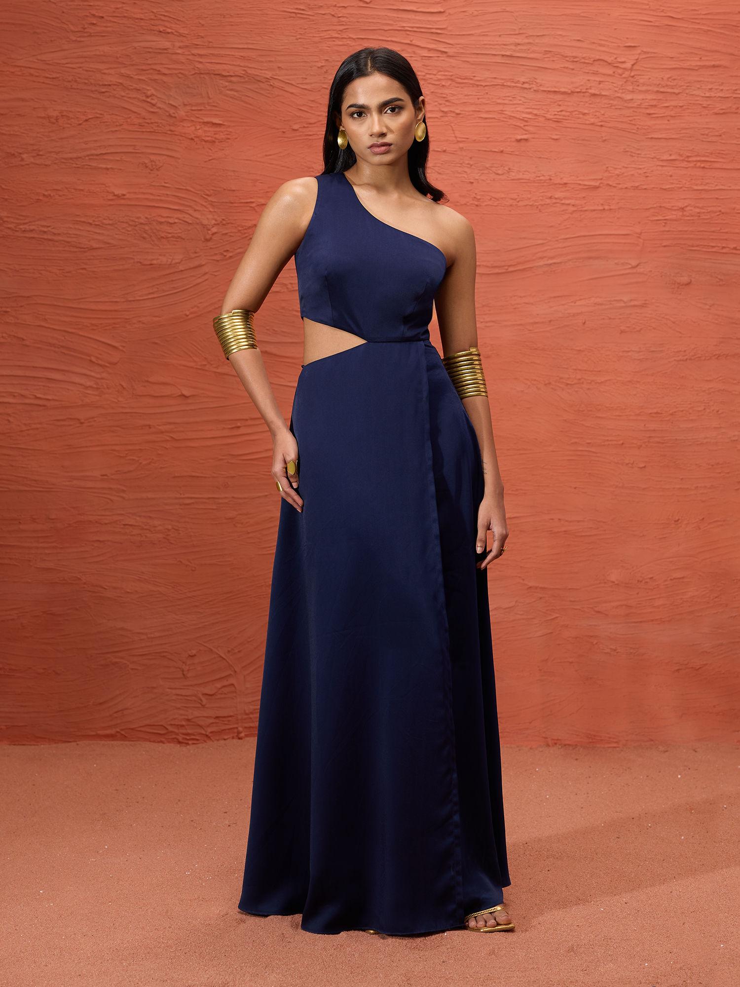 nikita mhaisalkar navy blue solid one shoulder overlapping maxi dress