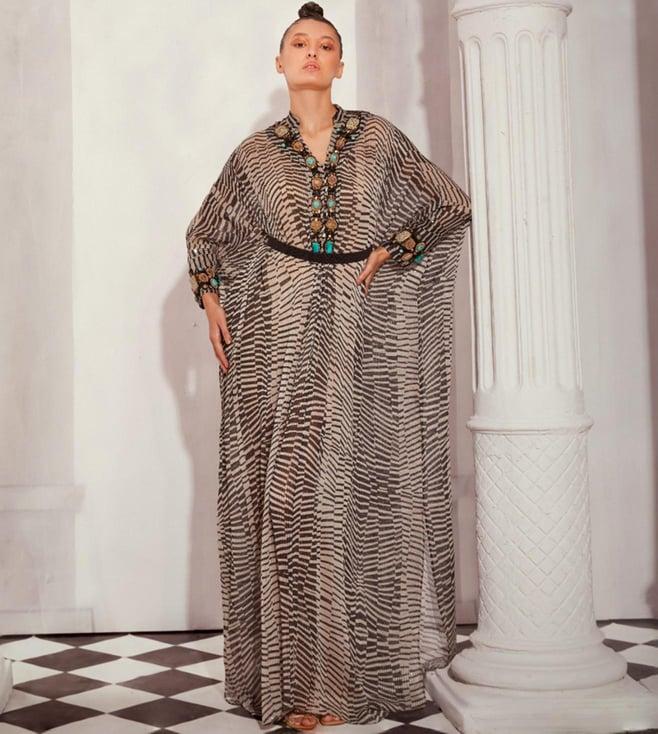 nikita mhaisalkar black & white byzantine antique stone embellished kaftan with belt