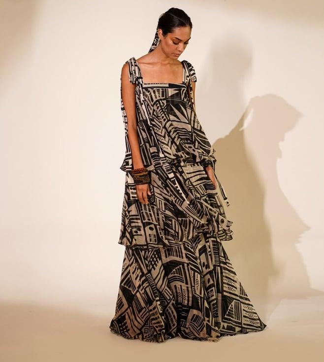 nikita mhaisalkar black & white wsn base abstract print tiered maxi dress