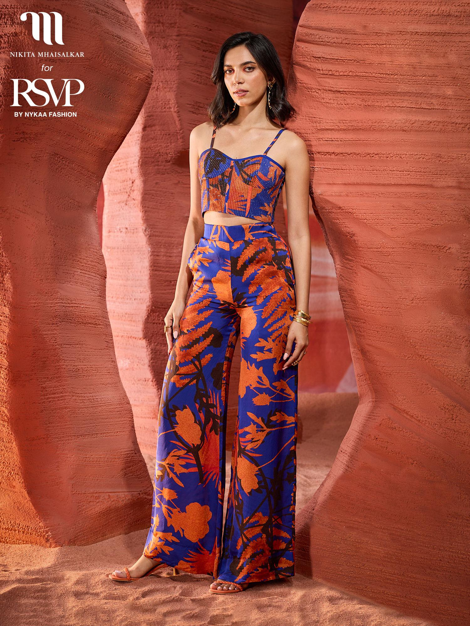 nikita mhaisalkar blue and rust floral print high waist wide leg pants