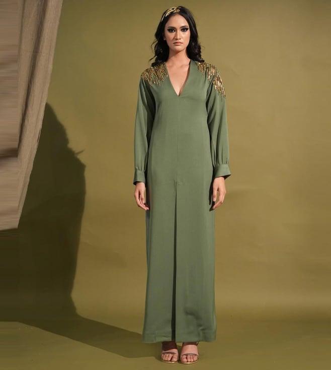 nikita mhaisalkar dark jade green dress with slit with metallic gold embellishment