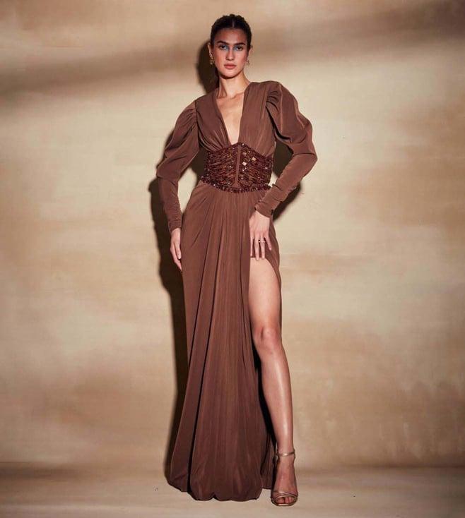 nikita mhaisalkar dark tan dress