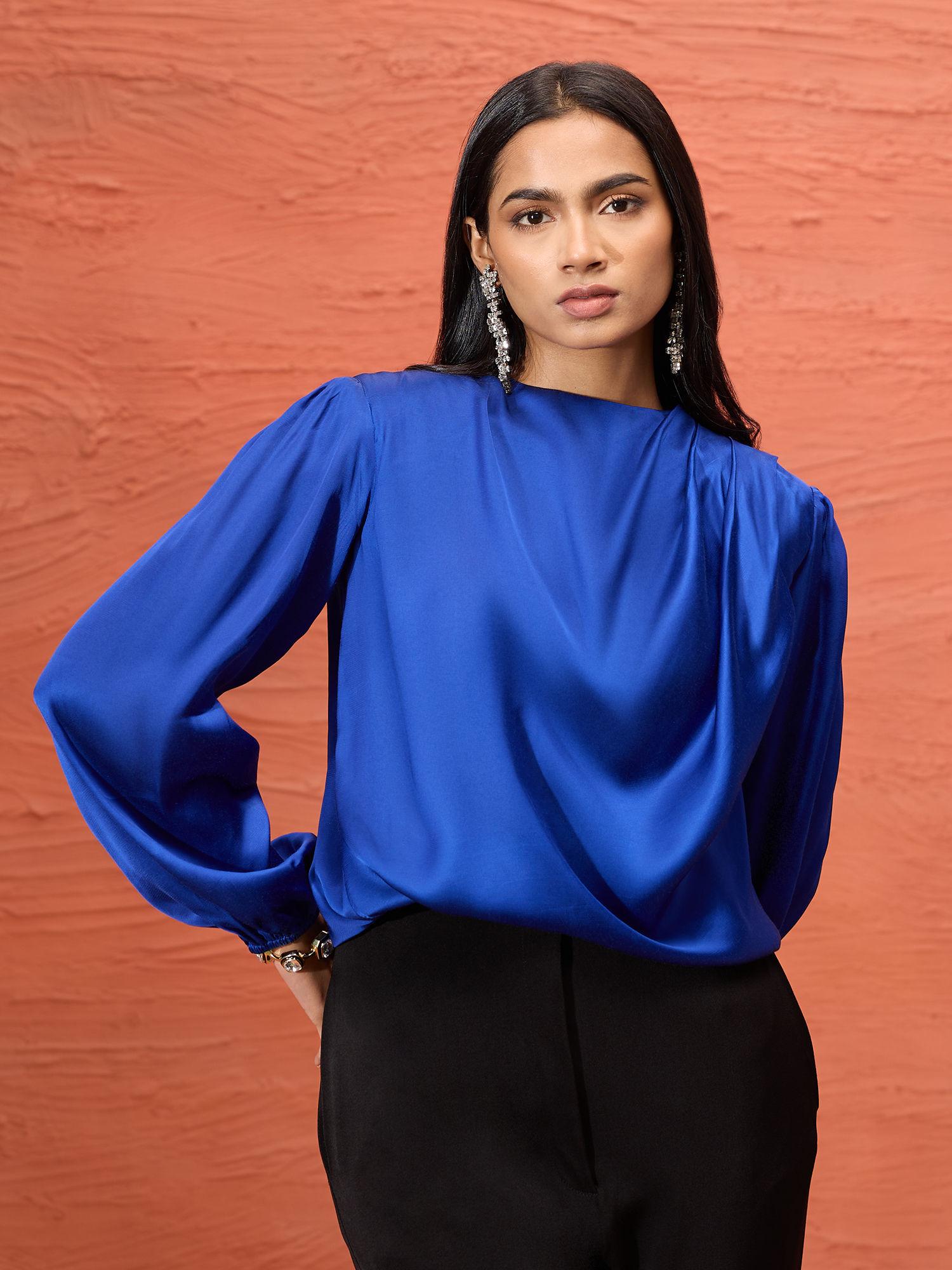 nikita mhaisalkar electric blue solid round neck blouson top