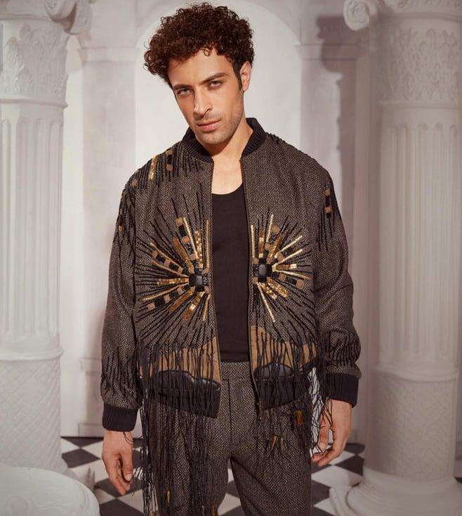 nikita mhaisalkar grey baroque embroidered bomber jacket