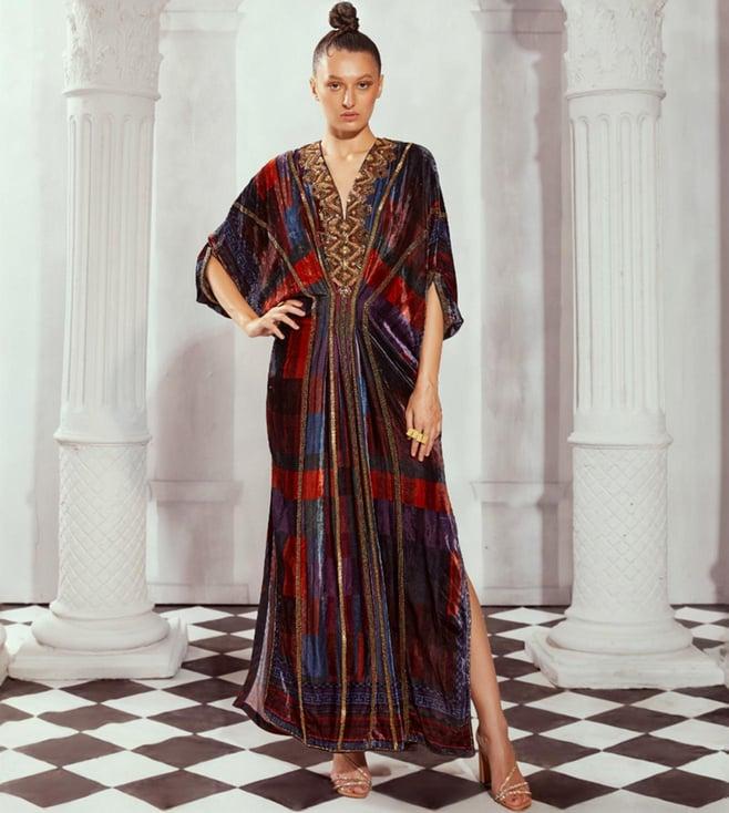 nikita mhaisalkar multicolour tangerine tile print kaftan with baroque hand embroidery