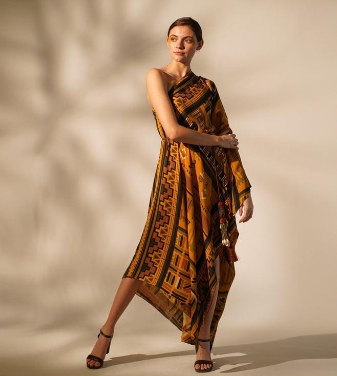 nikita mhaisalkar mustard wsn aztec one shoulder dress