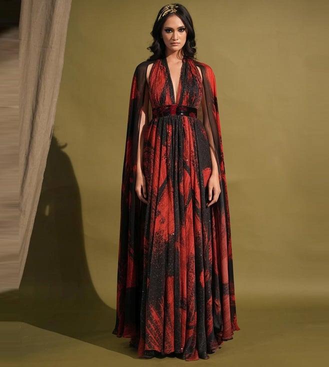 nikita mhaisalkar red & black stroke print maxi dress with flowy sleeves