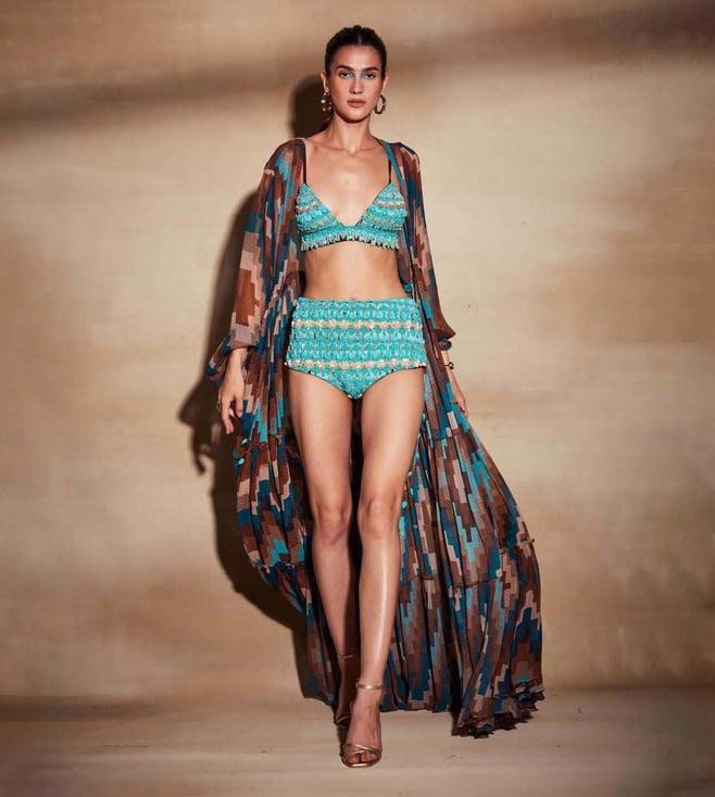 nikita mhaisalkar turquoise grid print cover up jacket