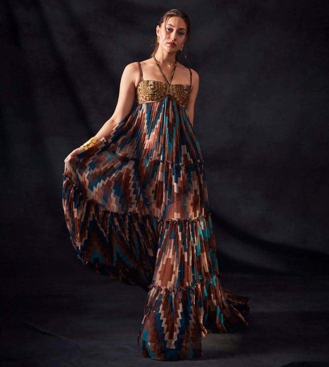 nikita mhaisalkar turquoise grid print maxi with aged old embroidery