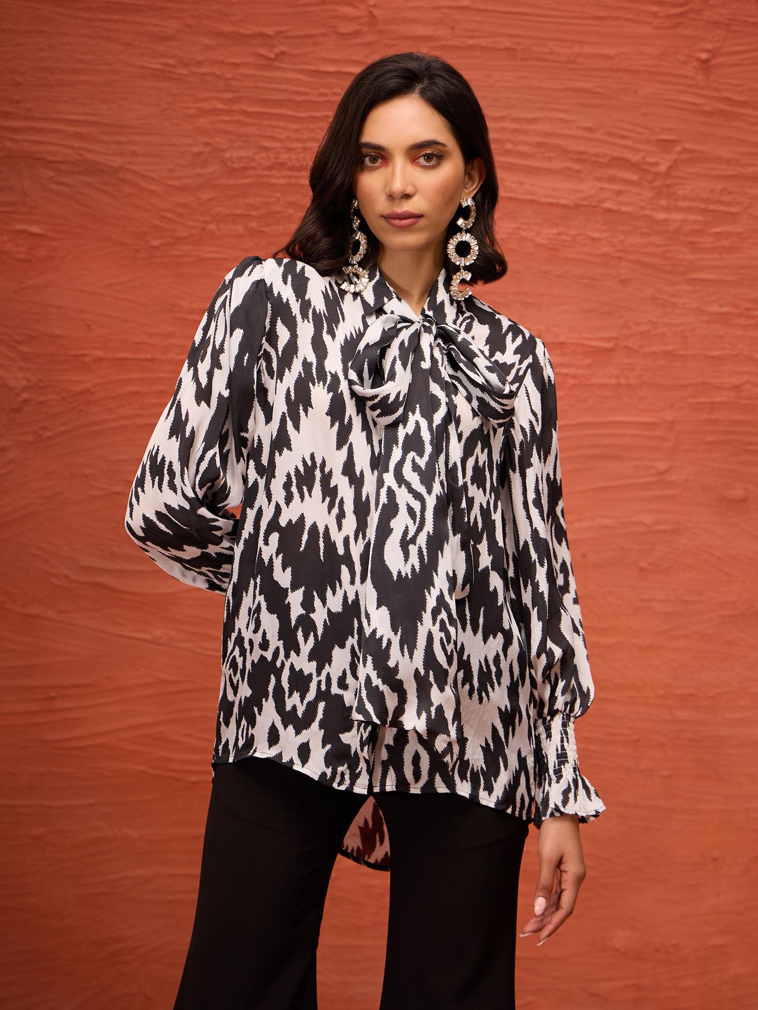 nikita mhaisalkar white and black ikkat print comfort fit shirt with tie up sash