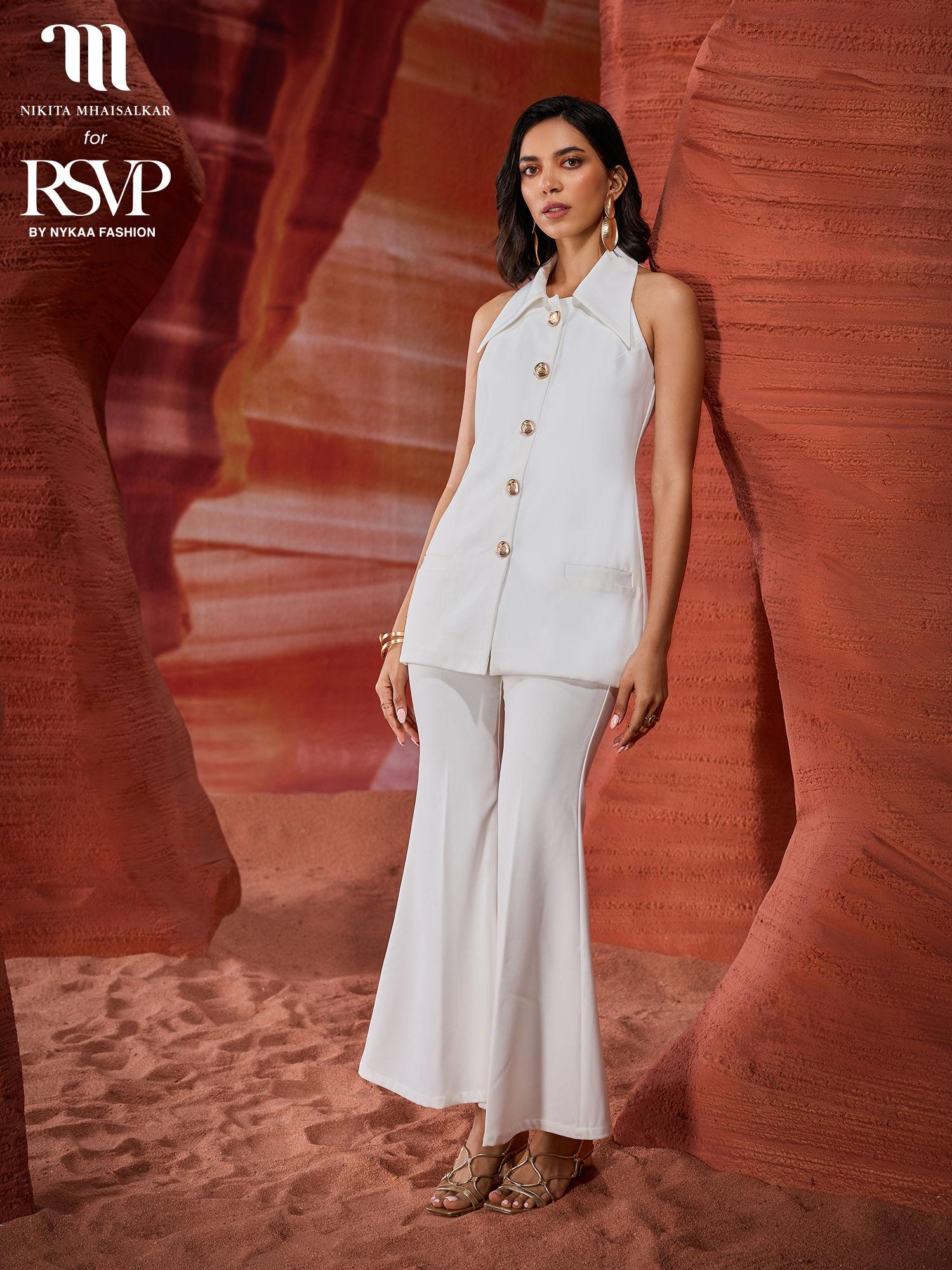 nikita mhaisalkar white solid high waist fit and flare pants