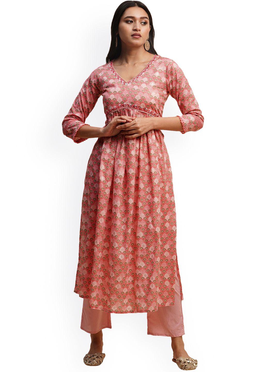 nimayaa floral printed thread work pure cotton kurta with trousers & with dupatta